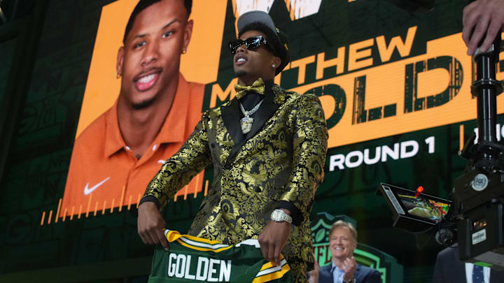 Texas Longhorns wide receiver Matthew Golden reacts after beign selected by the Green Bay Packers on Thursday. Texas Longhorns wide receiver Matthew Golden reacts after beign selected by the Green Bay Packers on Thursday.
