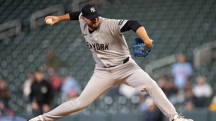 Sep 14, 2026; Minneapolis, Minnesota, USA;  New York Yankees pitcher John Schreiber (56) delivers a pitch against the Minnesota Twins in the ninth inning at Target Field.  Mandatory Credit: Jesse Johnson-Imagn Images