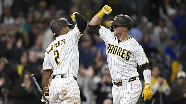 Apr 27, 2026; San Diego, California, USA; San Diego Padres first baseman Gavin Sheets (30) is congratulated by  shortstop Xander Bogaerts (2) after hitting a solo home run during the eighth inning against the Chicago Cubs at Petco Park. Mandatory Credit: Denis Poroy-Imagn Images