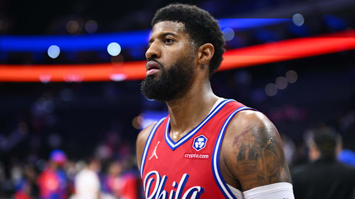 Dec 6, 2024; Philadelphia, Pennsylvania, USA; Philadelphia 76ers forward Paul George (8) looks on after the game against the Orlando Magic at Wells Fargo Center. Mandatory Credit: Kyle Ross-Imagn Images