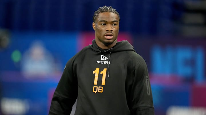 Mar 1, 2025; Indianapolis, IN, USA; Alabama quarterback Jalen Milroe (QB11) during the 2025 NFL Combine at Lucas Oil Stadium. Mandatory Credit: Kirby Lee-Imagn Images