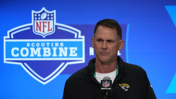Feb 27, 2024; Indianapolis, IN, USA; Jacksonville Jaguars general manager Trent Baalke speaks at a press conference at the NFL Scouting Combine at Indiana Convention Center. Mandatory Credit: Kirby Lee-Imagn Images Feb 27, 2024; Indianapolis, IN, USA; Jacksonville Jaguars general manager Trent Baalke speaks at a press conference at the NFL Scouting Combine at Indiana Convention Center. Mandatory Credit: Kirby Lee-Imagn Images