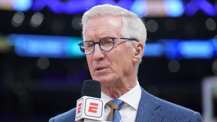 Jan 17, 2024; Los Angeles, California, USA; ESPN play-by-play announcer Mike Breen during the game between the Los Angeles Lakers and the Dallas Mavericks at Crypto.com Arena. Mandatory Credit: Kirby Lee-Imagn Images