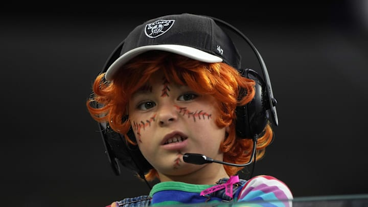 Las Vegas Raiders fan Julian Segura, age 6, of Los Angeles poses in Chucky costume as Raiders coach Jon Gruden Las Vegas Raiders fan Julian Segura, age 6, of Los Angeles poses in Chucky costume as Raiders coach Jon Gruden