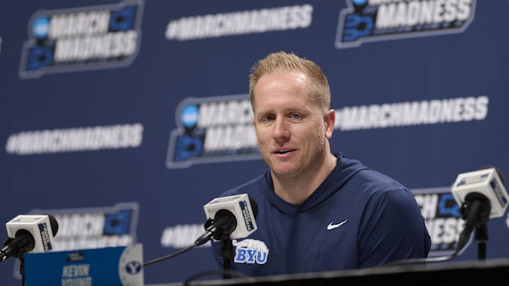 Mar 18, 2026; Portland, OR, USA; BYU Cougars head coach Kevin Young answers questions during a press conference before a practice session ahead of the first round of the men's 2026 NCAA Tournament at Moda Center. Mandatory Credit: Troy Wayrynen-Imagn Images