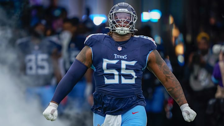 Tennessee Titans offensive tackle JC Latham (55) 