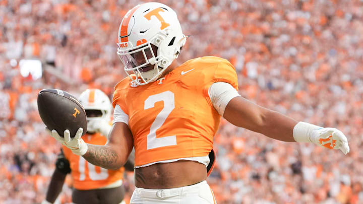 Tennessee running back Peyton Lewis (2) celebrates a touchdown during a college football game between Tennessee and Arkansas at Neyland Stadium in Knoxville, Tennessee on Oct. 11, 2025.