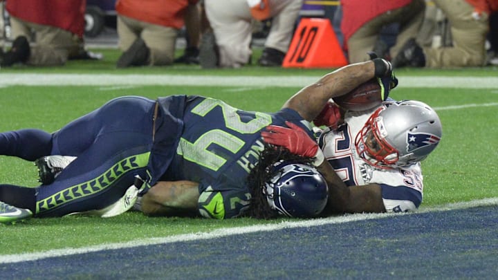 Marshawn Lynch is stopped 1 yard short of the end zone on a 4-yard, first-down run in the closing seconds of Super Bowl 49 Marshawn Lynch is stopped 1 yard short of the end zone on a 4-yard, first-down run in the closing seconds of Super Bowl 49