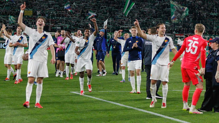 Djurgården celebrating their victory over Rapid Wien in the Conference League quarterfinals