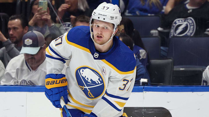 Feb 29, 2024; Tampa, Florida, USA;  Buffalo Sabres center Casey Mittelstadt (37) controls the puck