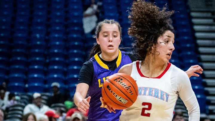 Lubbock Monterey guard Aaliyah Chavez (2) brings the ball down the court in the third quarter of the Texas UIL 5A Division 2 State Championship at the Alamodome in San Antonio, March 1, 2025. She's scheduled this morning to choose her college of choice. Drum roll please. 