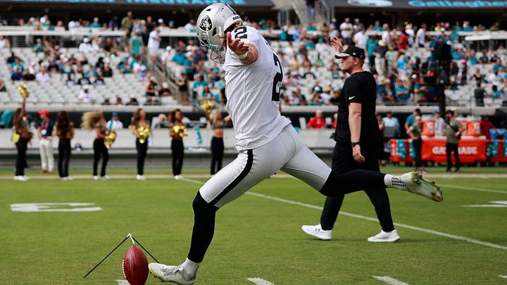 Las Vegas Raiders place kicker Daniel Carlson (2) warms up before of a regular season NFL football matchup Sunday, Nov. 6, 2022 at TIAA Bank Field in Jacksonville. The Jacksonville Jaguars held off the Las Vegas Raiders 27-20. [Corey Perrine/Florida Times-Union]

Jki 110622 Raiders Jags Cp 98