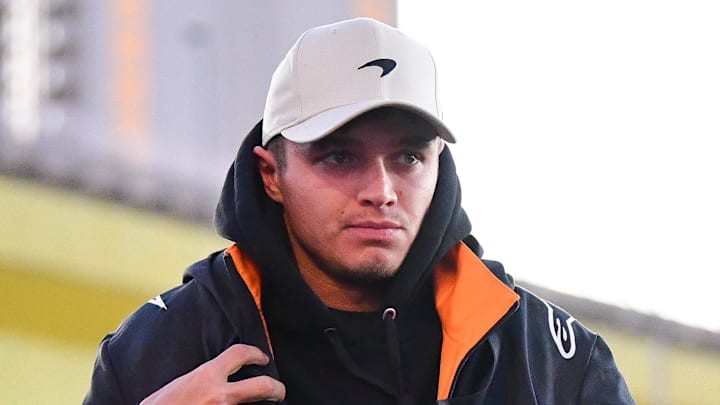 Nov 21, 2024; Las Vegas, Nevada, USA; McLaren driver Lando Norris (4) arrives before practice for the Las Vegas Grand Prix at Las Vegas Circuit. Mandatory Credit: Gary A. Vasquez-Imagn Images