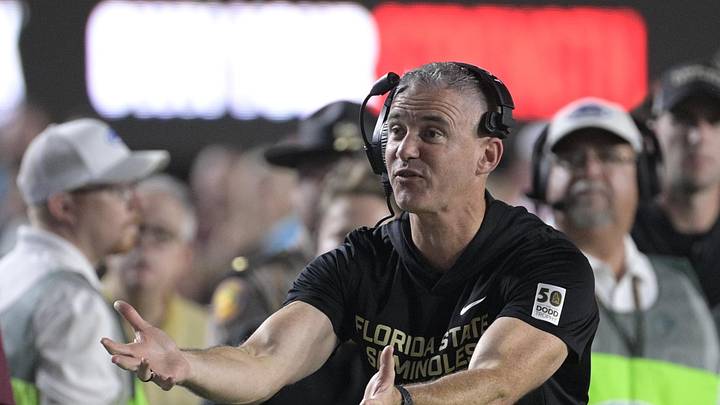 Oct 4, 2025; Tallahassee, Florida, USA; Florida State Seminoles head coach Mike Norvell during the first half against the Miami Hurricanes at Doak S. Campbell Stadium. Mandatory Credit: Melina Myers-Imagn Images
