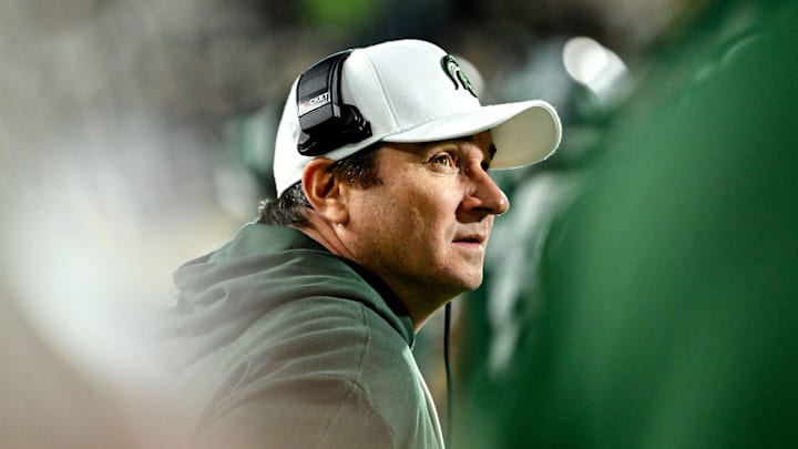 Michigan State's head coach Jonathan Smith looks on during the fourth quarter in the game against Iowa on Saturday, Oct. 19, 2024, at Spartan Stadium in East Lansing.