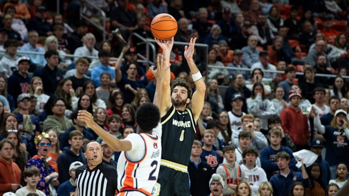 Wofford Terriers guard Cayden Vasko (0) takes a jump shot as Auburn Tigers take on Wofford Terriers at Neville Arena in Auburn, Ala. on Tuesday, Nov. 11, 2025.