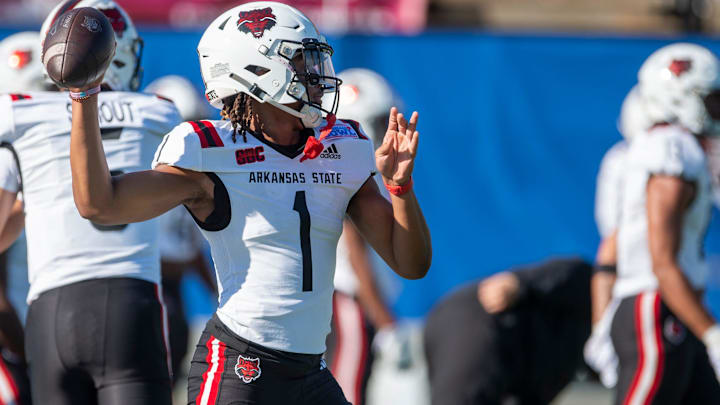 Arkansas State Red Wolves quarterback Jaylen Raynor (1) warms up before Arkansas State Red Wolves take on the Northern Illinois Huskies during the Camellia Bowl at Cramton Bowl in Montgomery, Ala., on Saturday, Dec. 23, 2023. Arkansas State Red Wolves quarterback Jaylen Raynor (1) warms up before Arkansas State Red Wolves take on the Northern Illinois Huskies during the Camellia Bowl at Cramton Bowl in Montgomery, Ala., on Saturday, Dec. 23, 2023.