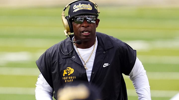 Aug 29, 2025; Boulder, Colorado, USA; Colorado Buffaloes head coach Deion Sanders during the first quarter against the Georgia Tech Yellow Jackets at Folsom Field. Mandatory Credit: Ron Chenoy-Imagn Images