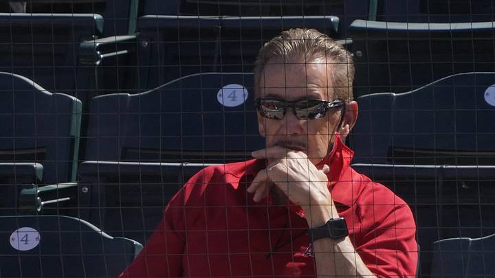 Mar 11, 2021; Tempe, Arizona, USA; Los Angeles Angels owner Arte Moreno watches game action during a spring training game against the San Francisco Giants at Tempe Diablo Stadium. Mandatory Credit: Rick Scuteri-Imagn Images