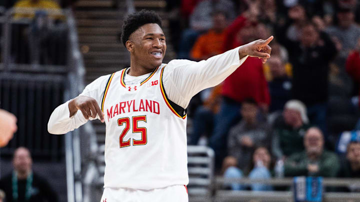 Mar 15, 2025; Indianapolis, IN, USA; Maryland Terrapins center Derik Queen (25) celebrates a made basket in the second half against the Michigan Wolverines at Gainbridge Fieldhouse. Mandatory Credit: Trevor Ruszkowski-Imagn Images