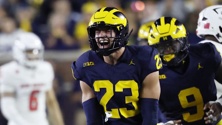 Michigan Wolverines linebacker Cole Sullivan (23) celebrates after he sacks New Mexico Lobos quarterback Jack Layne (2) in the second half at Michigan Stadium. 