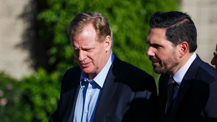 Mar 28, 2017; Phoenix, AZ, USA; commissioner Roger Goodell (left) and senior vice president of officiating Dean Blandino during a press conference at the NFL Annual Meetings at the Biltmore Resort. Mandatory Credit: Mark J. Rebilas-Imagn Images