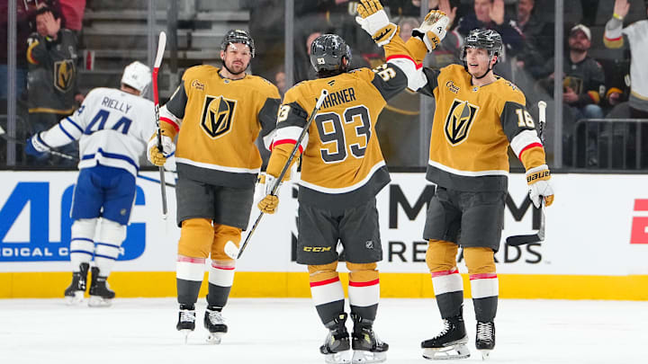 Jan 15, 2026; Las Vegas, Nevada, USA; Vegas Golden Knights right wing Pavel Dorofeyev (16) celebrates with right wing Mitch Marner (93) and center Tomas Hertl (48) after scoring a goal against the Toronto Maple Leafs during the first period at T-Mobile Arena. Mandatory Credit: Stephen R. Sylvanie-Imagn Images Jan 15, 2026; Las Vegas, Nevada, USA; Vegas Golden Knights right wing Pavel Dorofeyev (16) celebrates with right wing Mitch Marner (93) and center Tomas Hertl (48) after scoring a goal against the Toronto Maple Leafs during the first period at T-Mobile Arena. Mandatory Credit: Stephen R. Sylvanie-Imagn Images