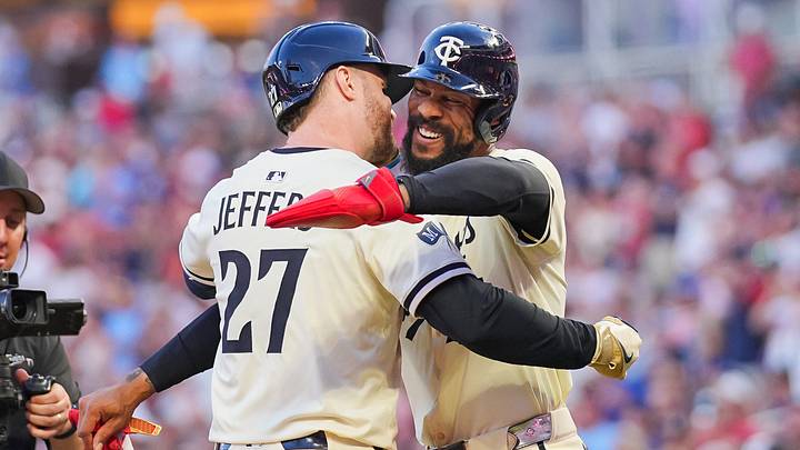 Jul 8, 2025; Minneapolis, Minnesota, USA; Minnesota Twins designated hitter Ryan Jeffers (27) celebrates his home run with outfielder Byron Buxton (25) against the Chicago Cubs in the eighth inning at Target Field. Mandatory Credit: Brad Rempel-Imagn Images Jul 8, 2025; Minneapolis, Minnesota, USA; Minnesota Twins designated hitter Ryan Jeffers (27) celebrates his home run with outfielder Byron Buxton (25) against the Chicago Cubs in the eighth inning at Target Field. Mandatory Credit: Brad Rempel-Imagn Images