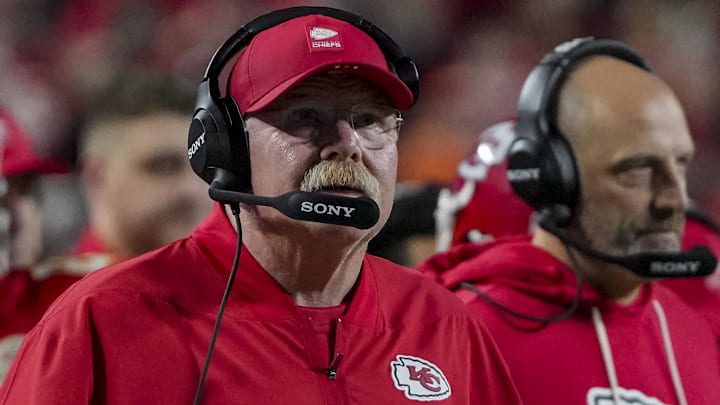 Dec 25, 2025; Kansas City, Missouri, USA; Kansas City Chiefs coach Andy Reid during the second quarter at GEHA Field at Arrowhead Stadium. Dec 25, 2025; Kansas City, Missouri, USA; Kansas City Chiefs coach Andy Reid during the second quarter at GEHA Field at Arrowhead Stadium.