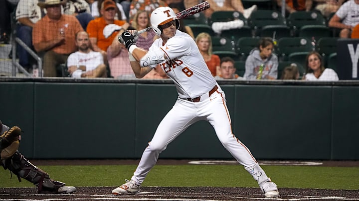 Texas Longhorns outfielder Will Gasparino (8) steps up to bat during the Lone Star Showdown against Texas A&M at UFCU Disch-Falk Field on Friday, April 25, 2025. Texas Longhorns outfielder Will Gasparino (8) steps up to bat during the Lone Star Showdown against Texas A&M at UFCU Disch-Falk Field on Friday, April 25, 2025.