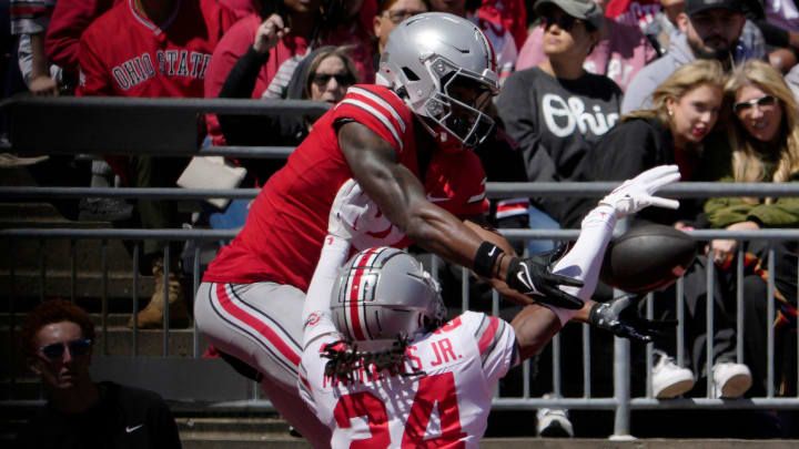 April 13, 2024; Columbus, Ohio, USA;
Ohio State Buckeyes wide receiver Jeremiah Smith (4) canÕt catch a pass for the scarlet team while defended by cornerback Jermaine Mathews (24) of the grey team during the first half of the LifeSports Spring Game at Ohio Stadium on Saturday. April 13, 2024; Columbus, Ohio, USA;
Ohio State Buckeyes wide receiver Jeremiah Smith (4) canÕt catch a pass for the scarlet team while defended by cornerback Jermaine Mathews (24) of the grey team during the first half of the LifeSports Spring Game at Ohio Stadium on Saturday.