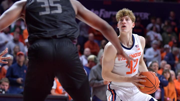 Nov 23, 2024; Champaign, Illinois, USA;  Illinois Fighting Illini guard Kasparas Jakucionis (32) shoots the ball during the first half against the Maryland-Eastern Shore Hawks at State Farm Center. Mandatory Credit: Ron Johnson-Imagn Images