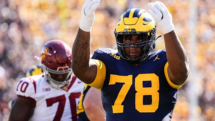 Michigan defensive lineman Kenneth Grant (78) celebrates a tackle against USC during the first half at Michigan Stadium in Ann Arbor on Saturday, Sept. 21, 2024.