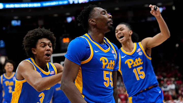 Pittsburgh Panthers forward Zack Austin (55) celebrates hitting the game winning three pointer in overtime of the NCAA men's basketball game against the Ohio State Buckeyes at Value City Arena in Columbus on Friday, Nov. 29, 2024. Ohio State lost 91-90 on a last second shot.