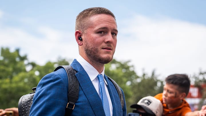 Texas Longhorns quarterback Quinn Ewers (3) walks into the stadium ahead of the Longhorns' game against the UTSA Roadrunners at Darrell K Royal-Texas Memorial Stadium, Saturday, Sept. 14, 2024.