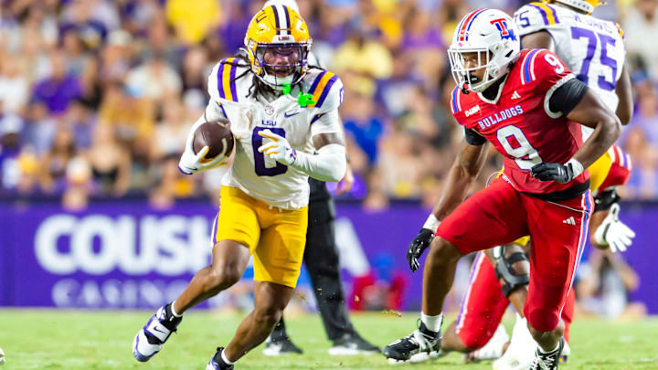 Reciever Zavion Thomas 0, LSU Tigers take on the Louisiana Tech. Sept 6, 2025; Baton Rouge, Louisiana, USA; at Tiger Stadium.