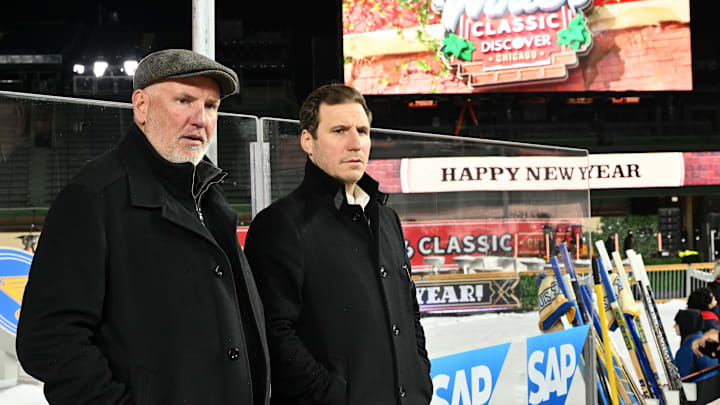 (L-R) General Manager Doug Armstrong of the St. Louis Blues and former St. Louis Blues player Alex Steen attend practice prior to the Discover NHL Winter Classic between the St. Louis Blues and the Chicago Blackhawks at Wrigley Field on December 30, 2024 in Chicago, Illinois. (Photo by Jamie Sabau/NHLI via Getty Images)