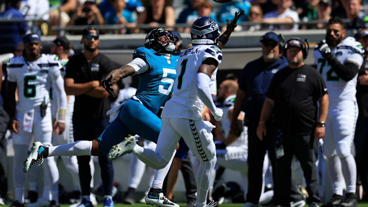 Jacksonville Jaguars wide receiver Dyami Brown (5) can’t haul in a reception against Seattle Seahawks cornerback Derion Kendrick (1) during the first quarter of an NFL football matchup, Sunday, Oct. 12, 2025, at EverBank Stadium in Jacksonville, Fla. The Seahawks defeated the Jaguars 20-12. Jacksonville Jaguars wide receiver Dyami Brown (5) can’t haul in a reception against Seattle Seahawks cornerback Derion Kendrick (1) during the first quarter of an NFL football matchup, Sunday, Oct. 12, 2025, at EverBank Stadium in Jacksonville, Fla. The Seahawks defeated the Jaguars 20-12.