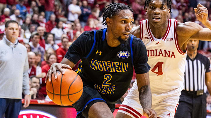 Dec 19, 2023; Bloomington, Indiana, USA; Morehead State Eagles guard Jordan Lathon (2) dribbles the