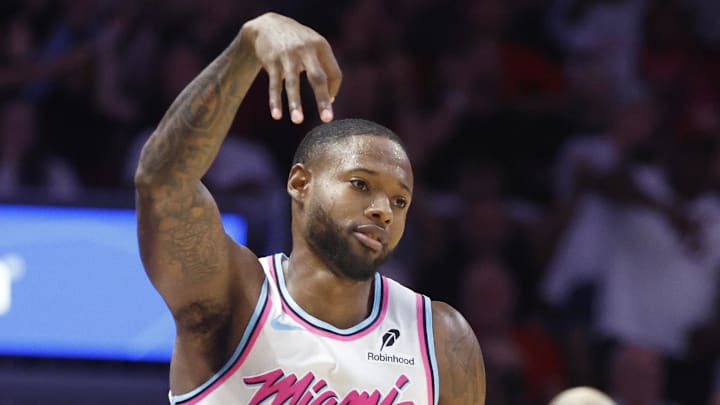 Mar 27, 2025; Miami, Florida, USA; Miami Heat forward Haywood Highsmith (24) reacts against the Atlanta Hawks during the second half at Kaseya Center. Mandatory Credit: Rhona Wise-Imagn Images Mar 27, 2025; Miami, Florida, USA; Miami Heat forward Haywood Highsmith (24) reacts against the Atlanta Hawks during the second half at Kaseya Center. Mandatory Credit: Rhona Wise-Imagn Images