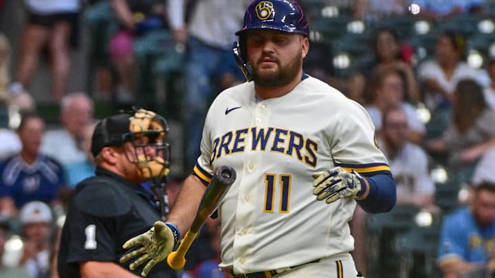 Jun 19, 2023; Milwaukee, Wisconsin, USA; Milwaukee Brewers first baseman Rowdy Tellez (11) reacts