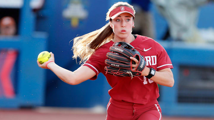 Stanford infielder Jade Berry (10) throws to first for an out in the third inning of a Women's College World Series softball game between the Texas Longhorns and the Stanford Cardinal at Devon Park in Oklahoma City, Thursday, May 30, 2024. Texas won 4-0.