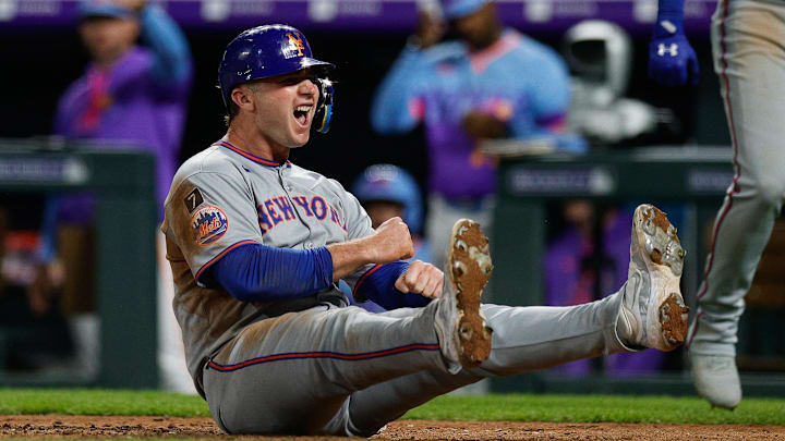 Jun 6, 2025; Denver, Colorado, USA; New York Mets first baseman Pete Alonso (20) reacts after a play at the plate in the ninth inning against the Colorado Rockies at Coors Field. Mandatory Credit: Isaiah J. Downing-Imagn Images Jun 6, 2025; Denver, Colorado, USA; New York Mets first baseman Pete Alonso (20) reacts after a play at the plate in the ninth inning against the Colorado Rockies at Coors Field. Mandatory Credit: Isaiah J. Downing-Imagn Images
