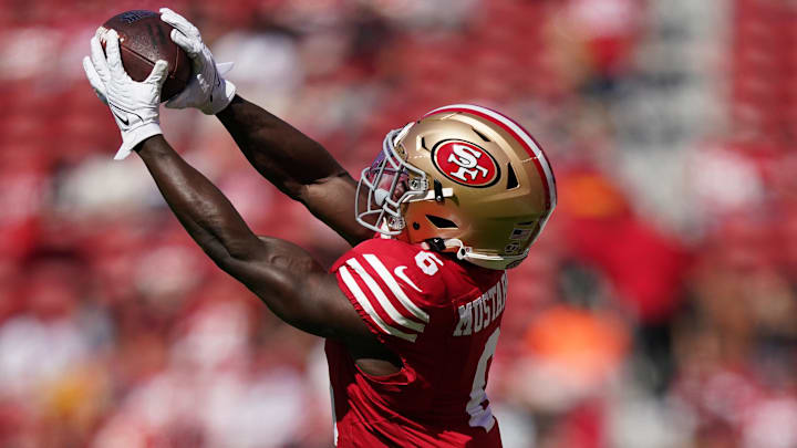 Oct 20, 2024; Santa Clara, California, USA; San Francisco 49ers safety Malik Mustapha (6) catches a pass before the start of the game against the Kansas City Chiefs at Levi's Stadium. Mandatory Credit: Cary Edmondson-Imagn Images