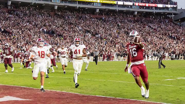 Oct 25, 2025; Columbia, South Carolina, USA; South Carolina Gamecocks quarterback Lanorris Sellers (16) scores a rushing touchdown against the Alabama Crimson Tide in the fourth quarter at Williams-Brice Stadium. Mandatory Credit: Jeff Blake-Imagn Images