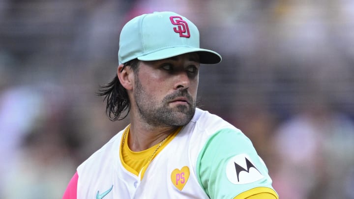 Jul 12, 2024; San Diego, California, USA; San Diego Padres starting pitcher Matt Waldron (61) pitches against the Atlanta Braves during the first inning at Petco Park. Mandatory Credit: Orlando Ramirez-USA TODAY Sports Jul 12, 2024; San Diego, California, USA; San Diego Padres starting pitcher Matt Waldron (61) pitches against the Atlanta Braves during the first inning at Petco Park. Mandatory Credit: Orlando Ramirez-USA TODAY Sports