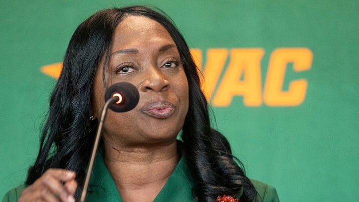 Florida A&M's new Vice President and Director of Athletics Angela Suggs tears up while speaking at an introductory press conference Monday, Sept. 23, 2024