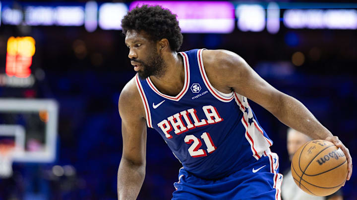 May 2, 2024; Philadelphia, Pennsylvania, USA; Philadelphia 76ers center Joel Embiid (21) in action against the New York Knicks during game six of the first round for the 2024 NBA playoffs at Wells Fargo Center. Mandatory Credit: Bill Streicher-Imagn Images