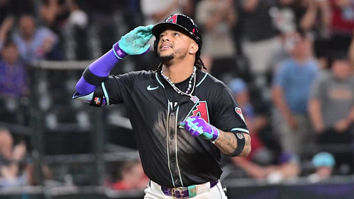 Jul 29, 2024; Phoenix, Arizona, USA; Arizona Diamondbacks second baseman Ketel Marte (4) celebrates a home run in the eighth inning against the Washington Nationals at Chase Field. Mandatory Credit: Matt Kartozian-Imagn Images Jul 29, 2024; Phoenix, Arizona, USA; Arizona Diamondbacks second baseman Ketel Marte (4) celebrates a home run in the eighth inning against the Washington Nationals at Chase Field. Mandatory Credit: Matt Kartozian-Imagn Images