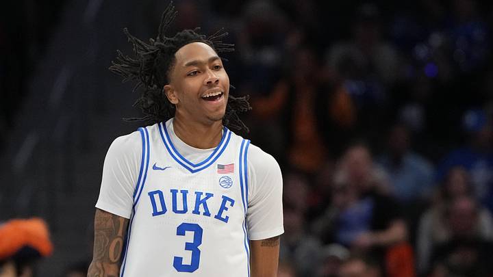 Mar 14, 2026; Charlotte, NC, USA; Duke Blue Devils guard Isaiah Evans (3) reacts in the second half during the men's ACC Conference Tournament Championship at Spectrum Center. Mar 14, 2026; Charlotte, NC, USA; Duke Blue Devils guard Isaiah Evans (3) reacts in the second half during the men's ACC Conference Tournament Championship at Spectrum Center.